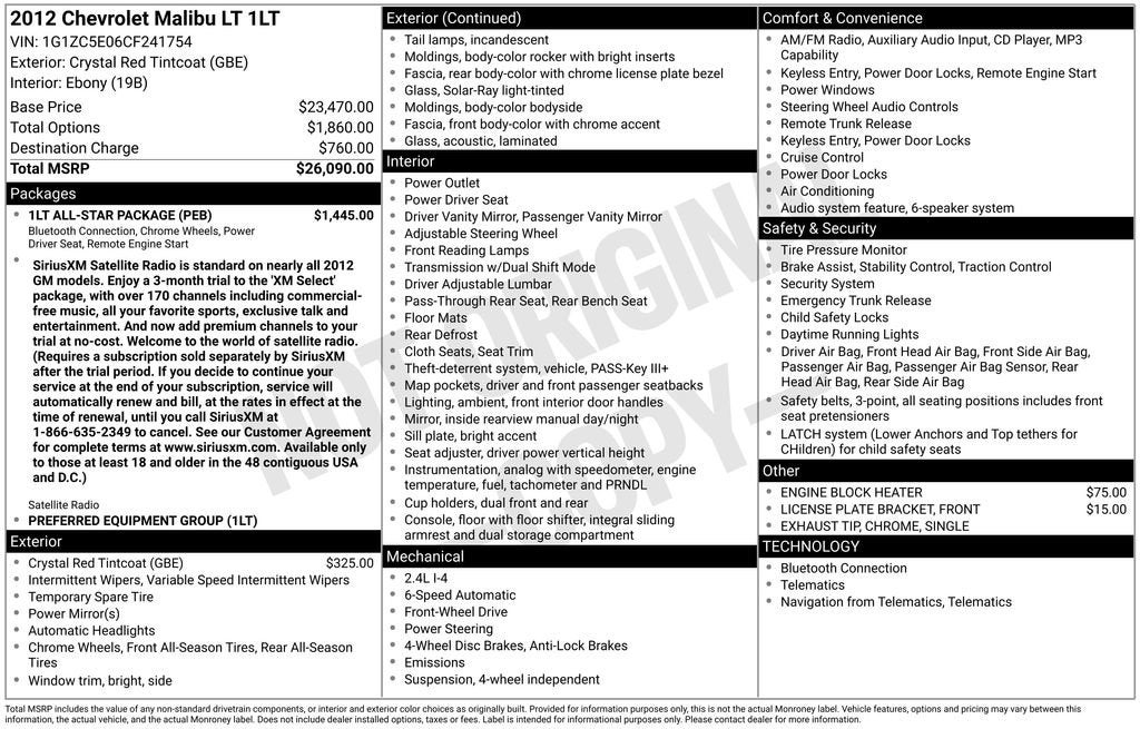 2012 Chevrolet Malibu LT w/1LT